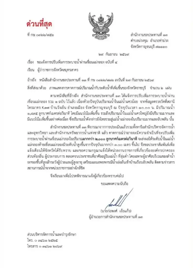 กรมชลฯ เตือนด่วน เพิ่มระบายน้ำ "เขื่อนแม่กลอง" 4 จังหวัด ให้เตรียมแผนอพยพ