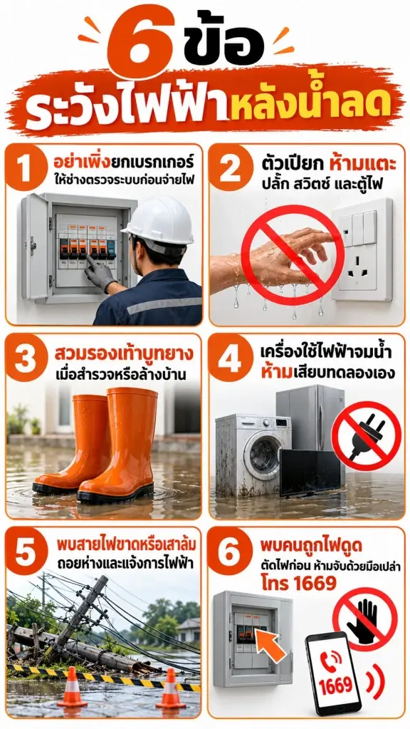 เตือนภัยไฟฟ้าหลังน้ำลด 6 ข้อ ห้ามเสี่ยงเปิดเบรกเกอร์-แตะปลั๊ก