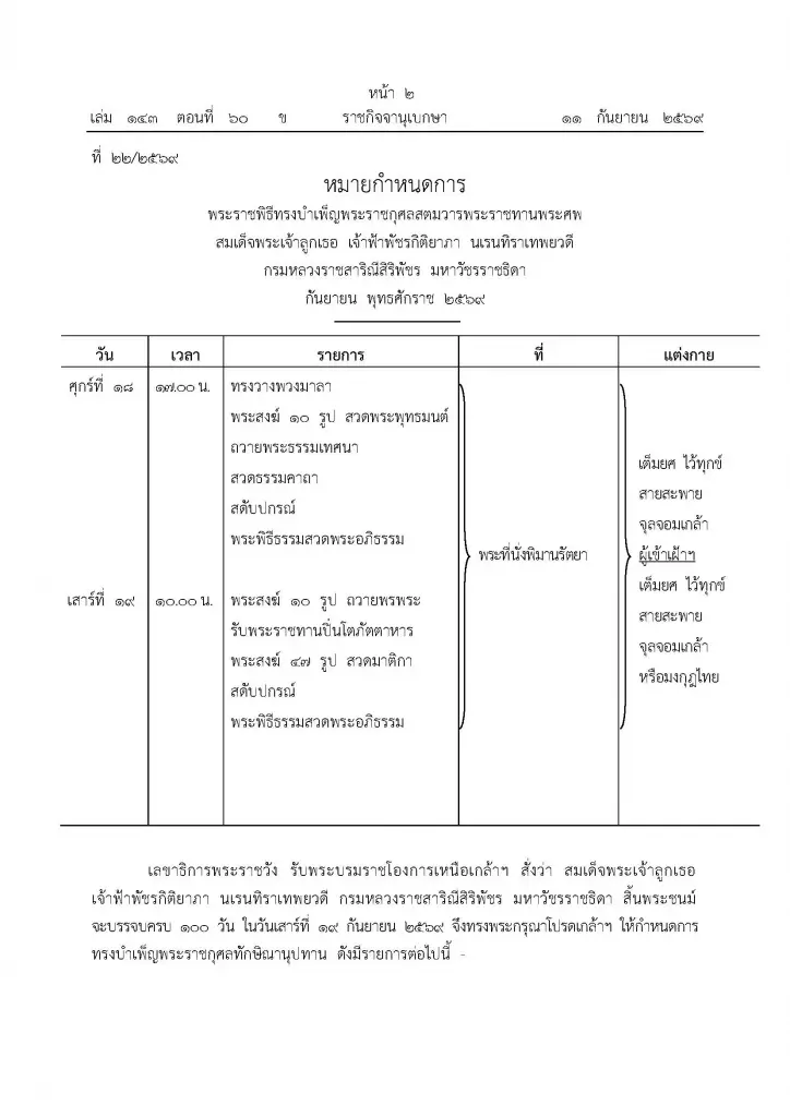 โปรดเกล้าฯ พระราชพิธีทรงบำเพ็ญพระราชกุศลสตมวารพระศพ “เจ้าฟ้าพัชรกิติยาภาฯ” 18-19 ก.ย. 69
