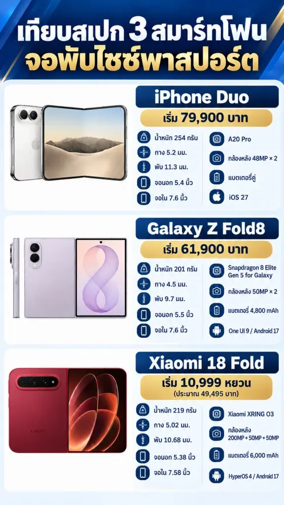 เทียบชัดๆ สมาร์ทโฟนจอพับไซซ์พาสปอร์ต iPhone Duo–Galaxy Z Fold8–Xiaomi 18 Fold