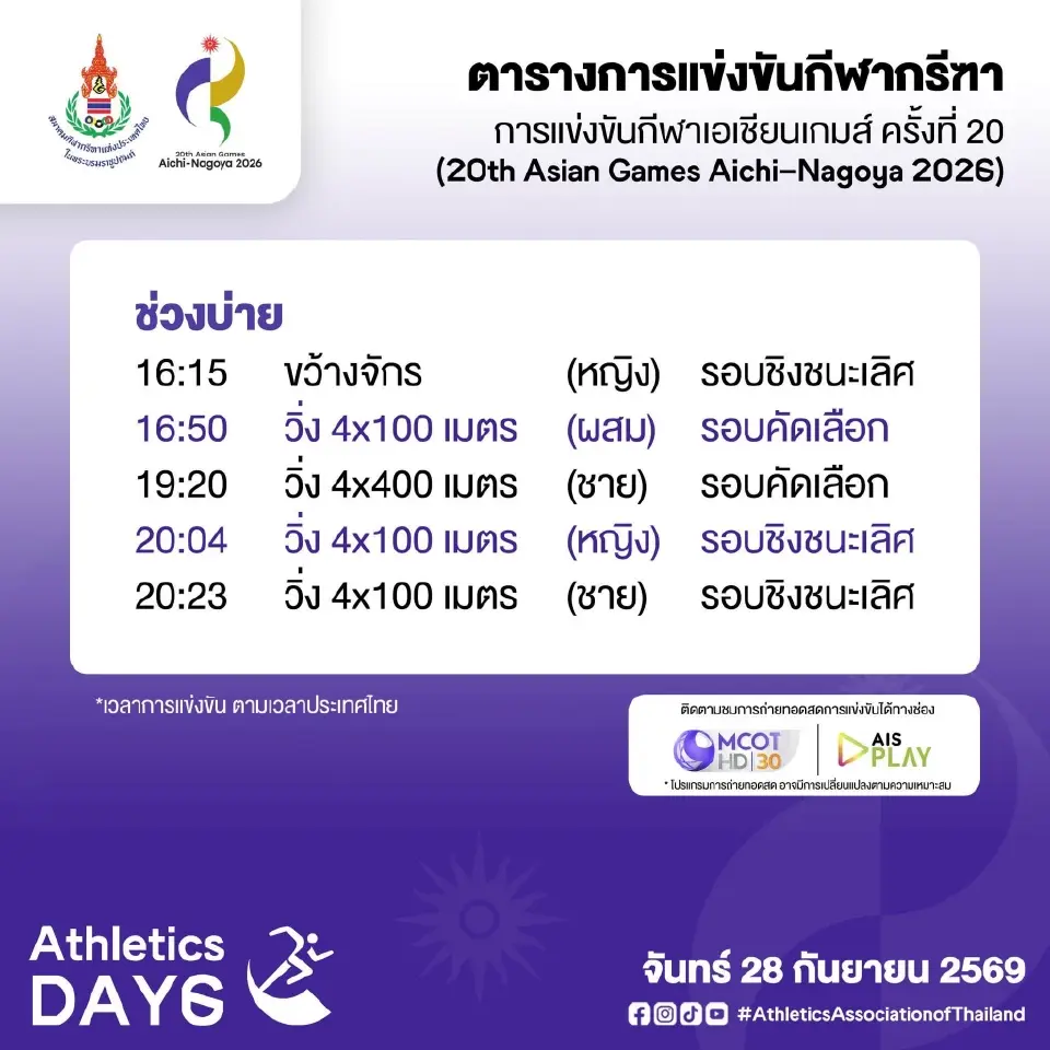 ตารางแข่ง ลิงค์ถ่ายทอดสด กรีฑาทีมชาติไทย สู้ศึกเอเชียนเกมส์ 2026 เริ่ม 24-29 ก.ย.