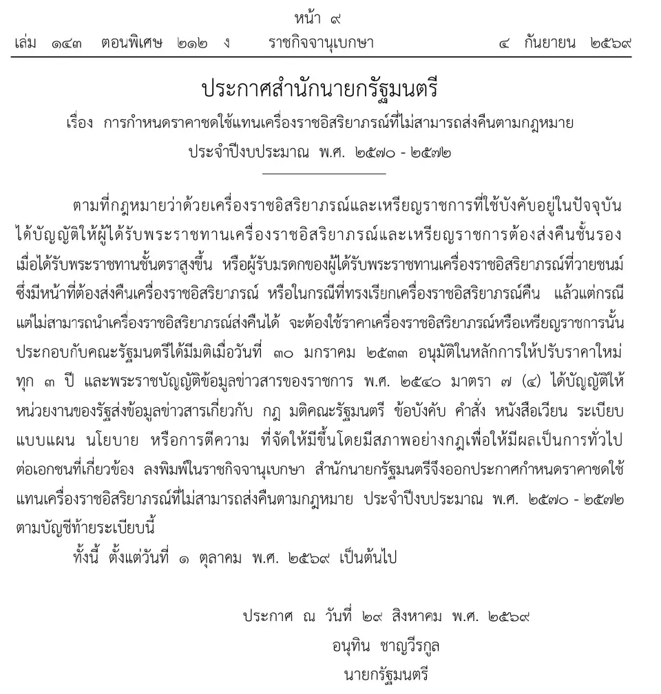 ประกาศราคาชดใช้เครื่องราชฯ ปี 70-72 ปฐมจุลจอมเกล้าสูงสุด 5.99 ล้านบาท