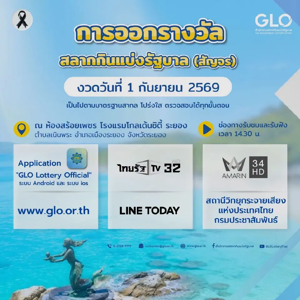 สลากกินแบ่งรัฐบาล ออกรางวัลสัญจรงวดวันที่ 1 กันยายน 2569 ณ ระยอง 