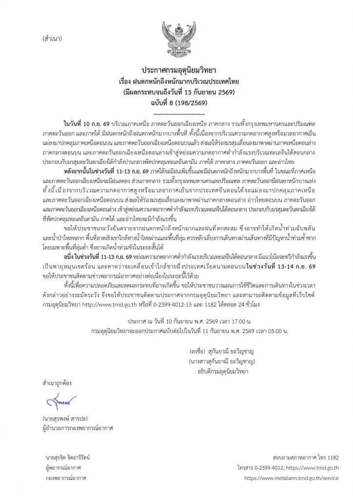 ประกาศกรมอุตุนิยมวิทยา ฉบับที่ 8 ณ วันที่ 10 กันยายน 2569 เวลา 17.00 น.