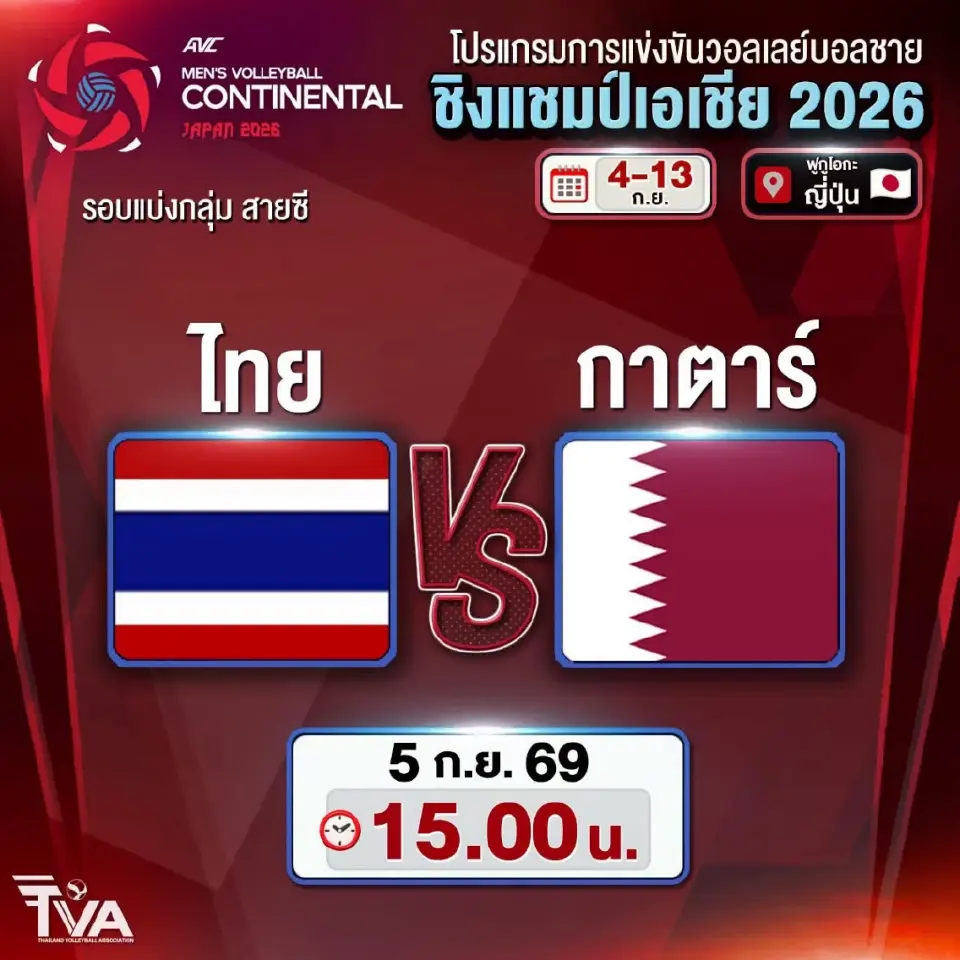 ลิงค์ดูฟรี ไทย พบ กาตาร์ วอลเลย์บอลชายชิงแชมป์เอเชีย ถ่ายทอดสด MONOMAX 15.00 น.