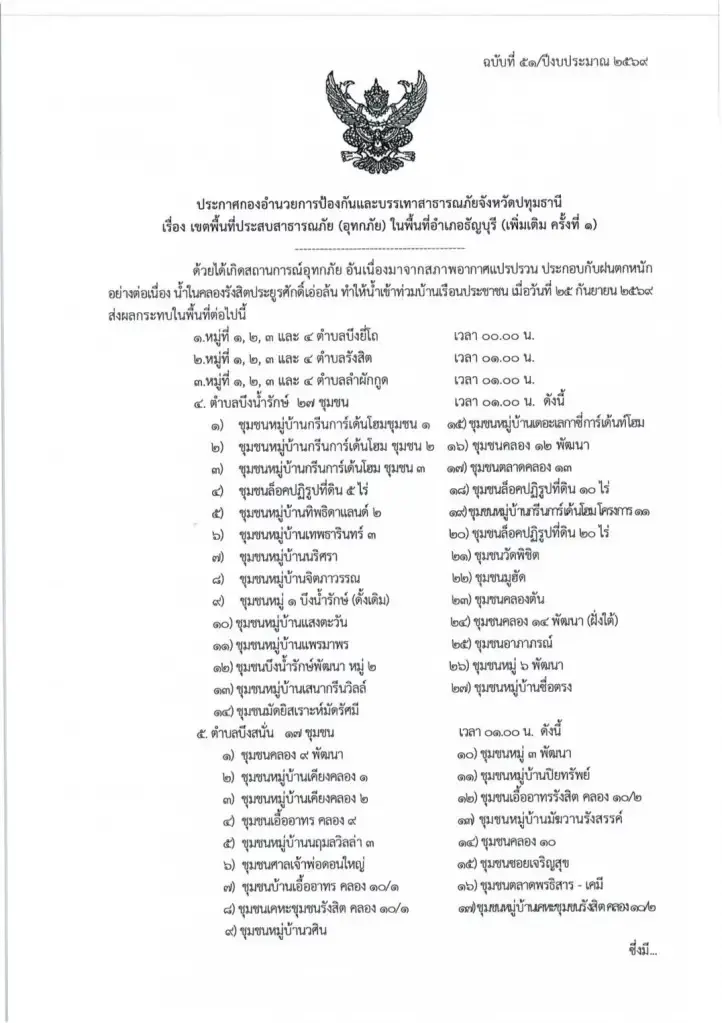 ปทุมธานีประกาศพื้นที่ประสบอุทกภัย อ.ธัญบุรี 5 ตำบล เช็ก 44 ชุมชนที่ได้รับผลกระทบ