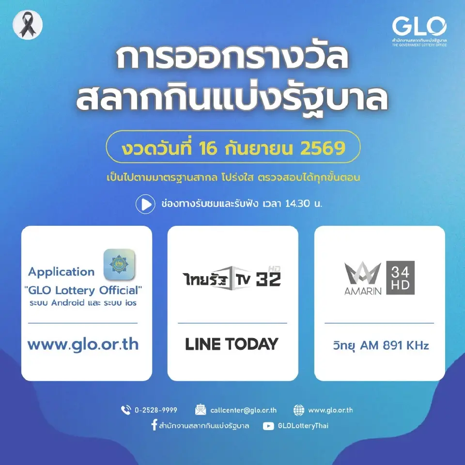 ถ่ายทอดสดผลการออกรางวัลสลากกินแบ่งรัฐบาล 16 ก.ย.69   