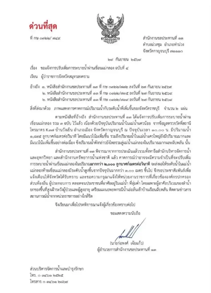 กรมชลฯ เตือนด่วน เพิ่มระบายน้ำ "เขื่อนแม่กลอง" 4 จังหวัด ให้เตรียมแผนอพยพ