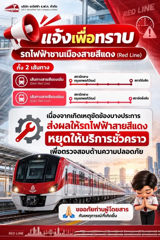 26 ก.ย. 2569 รรฟท.แจ้งรถไฟฟเ้าสายสีแดงขัดข้องหยุดให้บริการชั่วคราว 