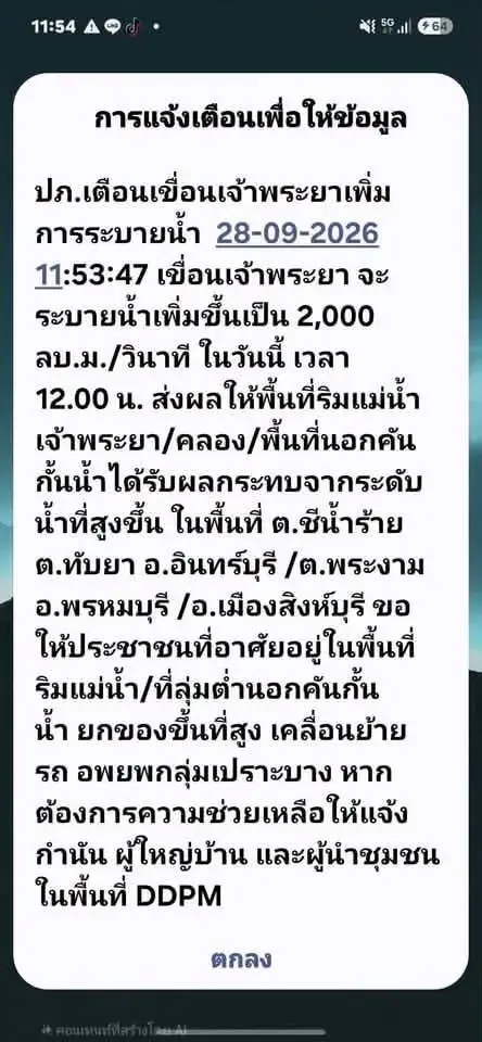 สิงห์บุรี เตือนพื้นที่ริมน้ำ-นอกคันกั้นน้ำ ยกของขึ้นที่สูง หลังเขื่อนเจ้าพระยา ระบายน้ำเพิ่ม
