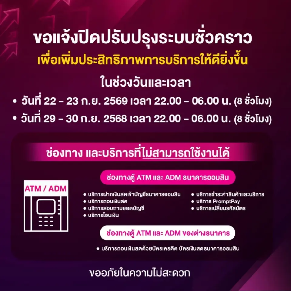 ธนาคารออมสินแจ้งปิดปรับปรุงระบบชั่วคราวเดือนกันยายน 2569 