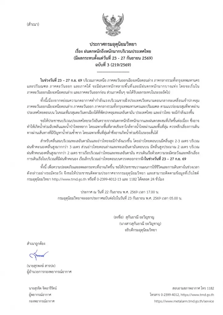 กรมอุตุฯเตือนฉบับ 3 พรุ่งนี้ 23 ก.ย.ฝนถล่ม 34 จว.รวมกทม.ปริมณฑล
