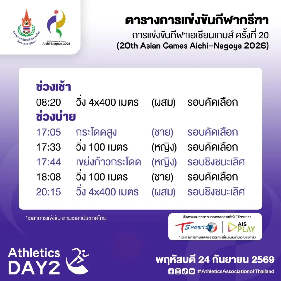 ตารางแข่ง ลิงค์ถ่ายทอดสด กรีฑาทีมชาติไทย สู้ศึกเอเชียนเกมส์ 2026 เริ่ม 24-29 ก.ย.