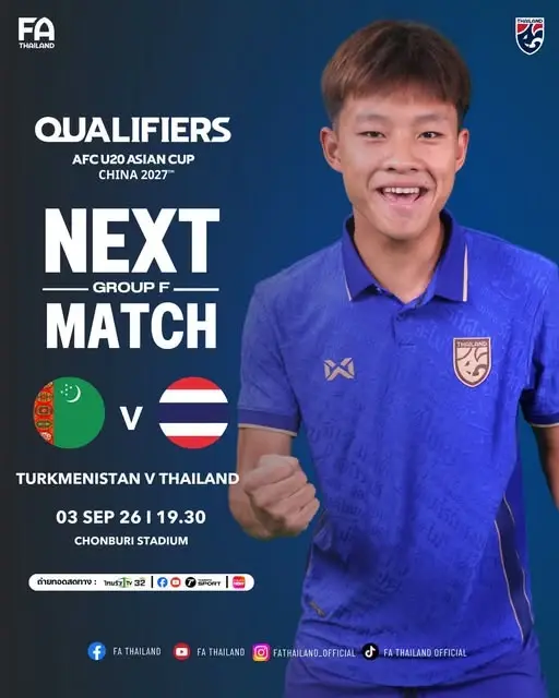 ถ่ายทอดสด เติร์กเมนิสถาน U20 พบ ไทย U20 ดูบอลสดฟรี ศึกชิงแชมป์เอเชีย 19.30 น.