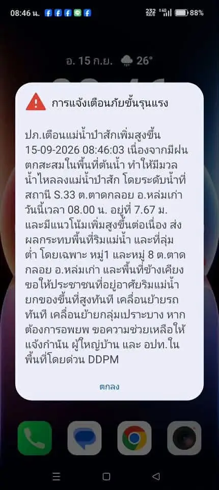 ปภ.แจ้ง Cell Broadcast เตือนปชช.ริมแม่น้ำป่าสัก เพชรบูรณ์ยกของขึ้นที่สูง