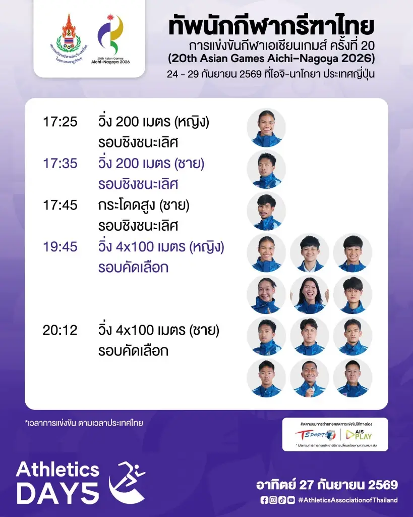 ตารางแข่งขัน -ถ่ายทอดสด กีฬากรีฑาทีมชาติไทย ในการแข่งขันเอเชียนเกมส์ ครั้งที่ 20 (Asian Games Aichi–Nagoya 2026) 