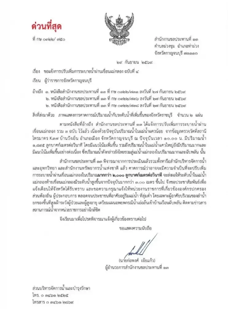 กรมชลฯ เตือนด่วน เพิ่มระบายน้ำ "เขื่อนแม่กลอง" 4 จังหวัด ให้เตรียมแผนอพยพ