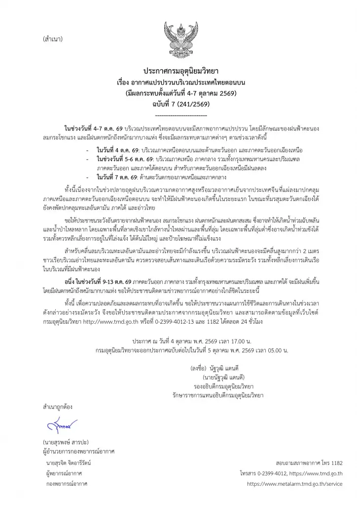 ประกาศกรมอุตุฯ ฉบับ 7: เตือน 5-7 ต.ค.นี้ ทั่วไทยรับมือฝนตกหนักถึงหนักมาก ระวังน้ำท่วมฉับพลัน