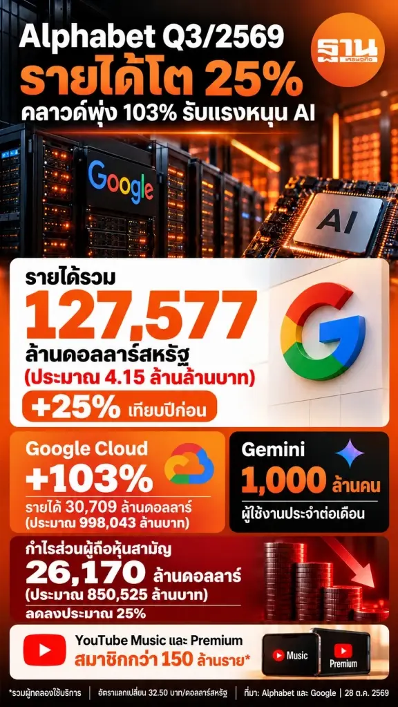 Alphabet รายได้ Q3 โต 25% คลาวด์พุ่ง 103% ผู้ใช้ Gemini แตะพันล้านคน
