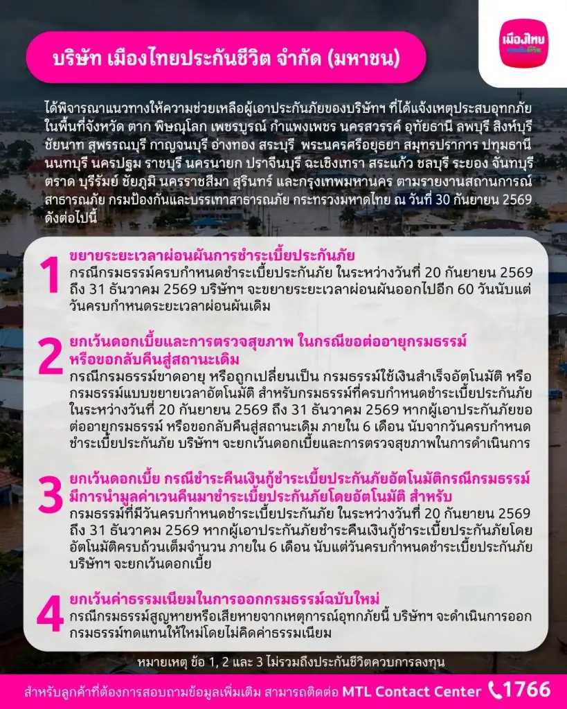 เมืองไทยประกันชีวิต ออก 4 มาตรการช่วยลูกค้าน้ำท่วม ขยายผ่อนผันเบี้ย 60 วัน