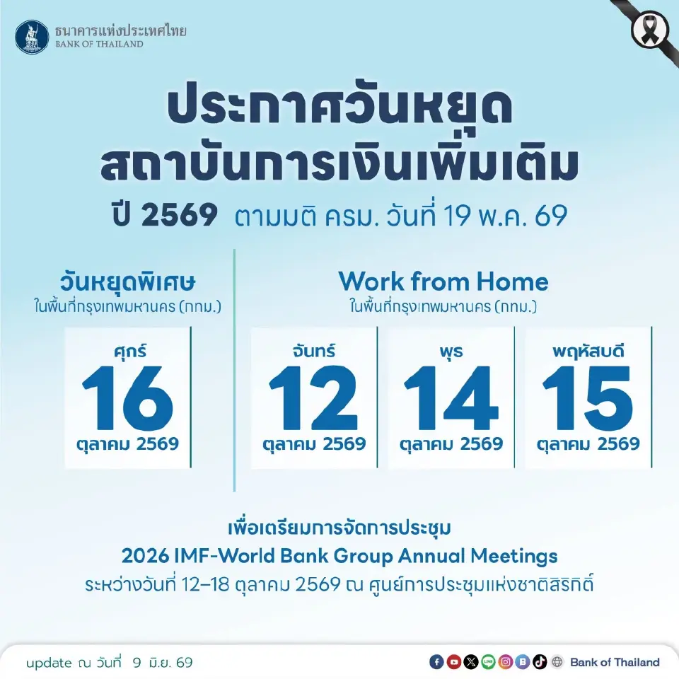 วันหยุดธนาคาร 13 และ 16 ตุลาคม 2569 เช็กเลยมีวันหยุดพิเศษเฉพาะกทม.พร้อมกางปฏิทินตรวจสอบแบงก์ในห้างเปิดให้บริการตามปกติไหม