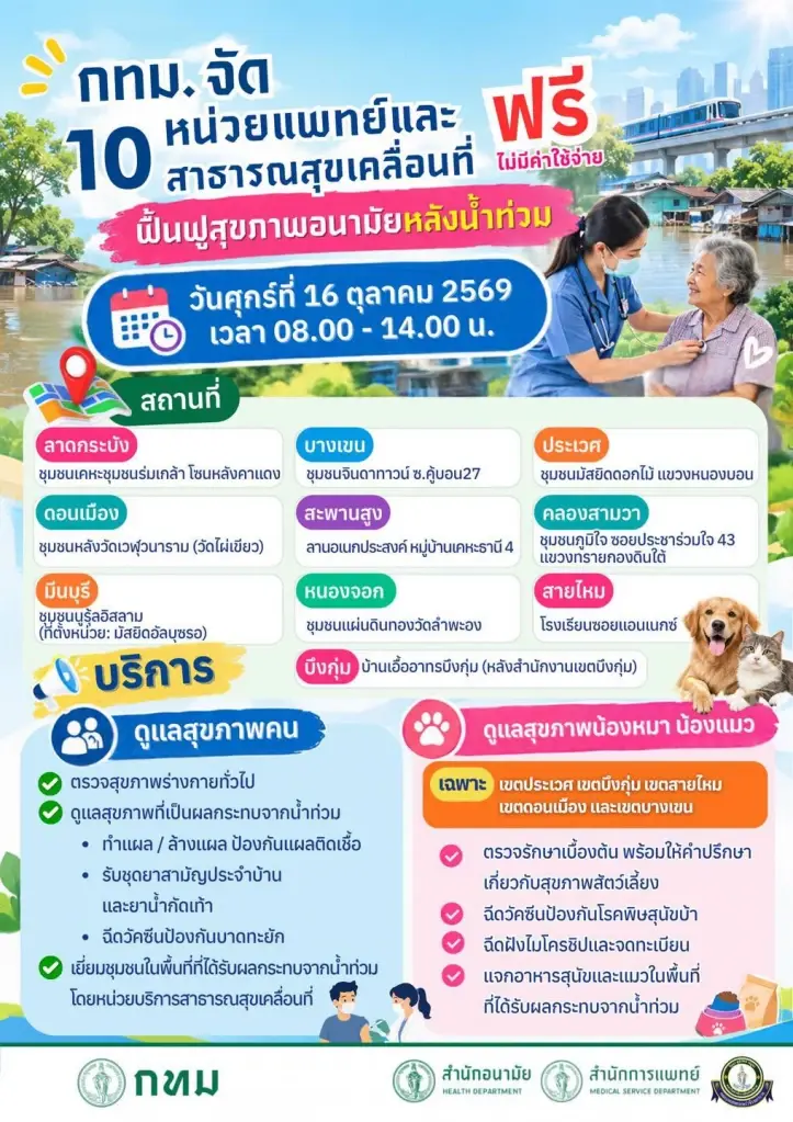 หน่วยแพทย์เคลื่อนที่ กทม. 10 จุด ตรวจสุขภาพ-รักษาโรคหลังน้ำท่วมฟรี 16 ต.ค.นี้ 