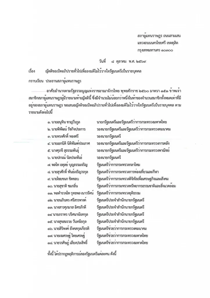 เปิดโฉม 18 รมต.น้ำเงิน ถูกพรรคร่วมฝ่ายค้านยื่นอภิปรายไม่ไว้วางใจ
