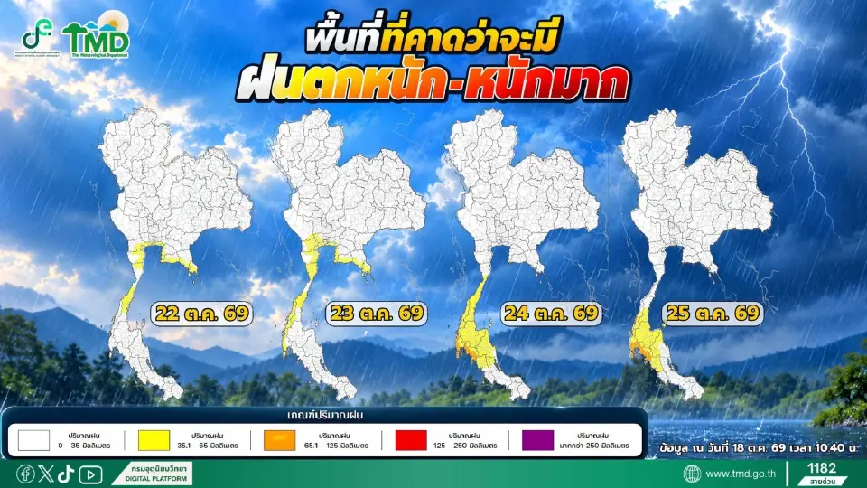 พื้นที่เสี่ยงคาดว่าจะได้รับผลกระทบจากฝนตกหนัก ช่วงวันที่ 18-25 ตุลาคม 2569