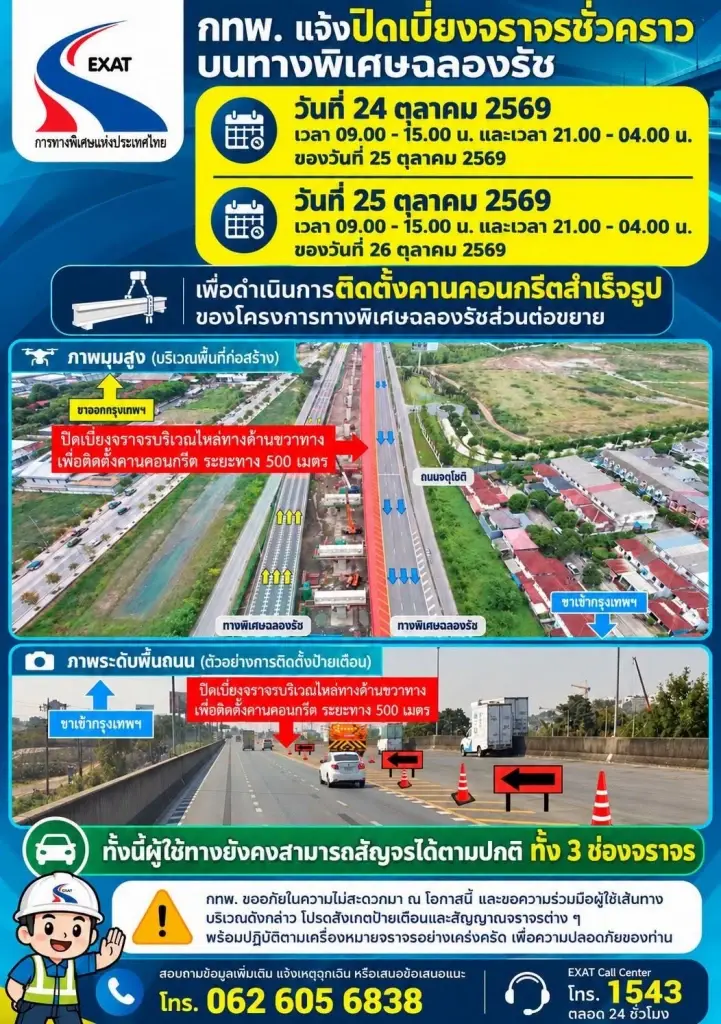 กทพ. สั่งปิดเบี่ยงจราจร "ทางพิเศษฉลองรัช" ด่านจตุโชติ 24-25 ต.ค.นี้