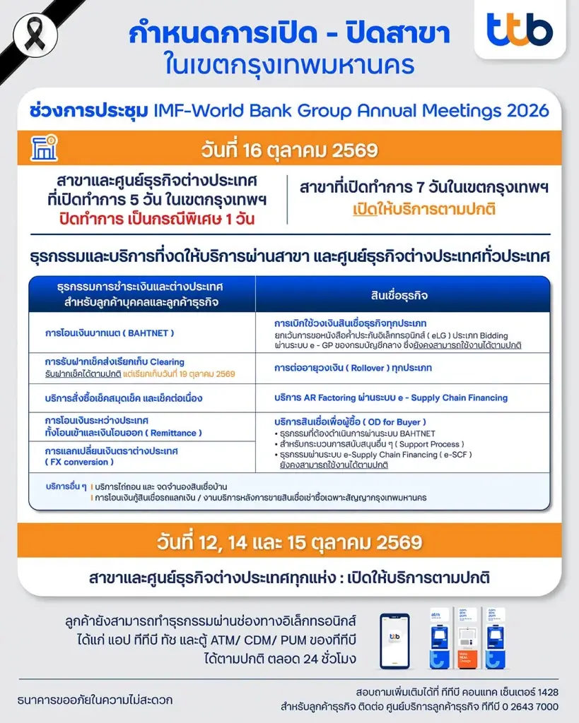 ธนาคารทหารไทยธนชาต (ทีทีบี)แจ้งวันเปิด – ปิดสาขาและศูนย์ธุรกิจต่างประเทศในเขตกรุงเทพมหานคร วันที่ 16 ตุลาคม 2569