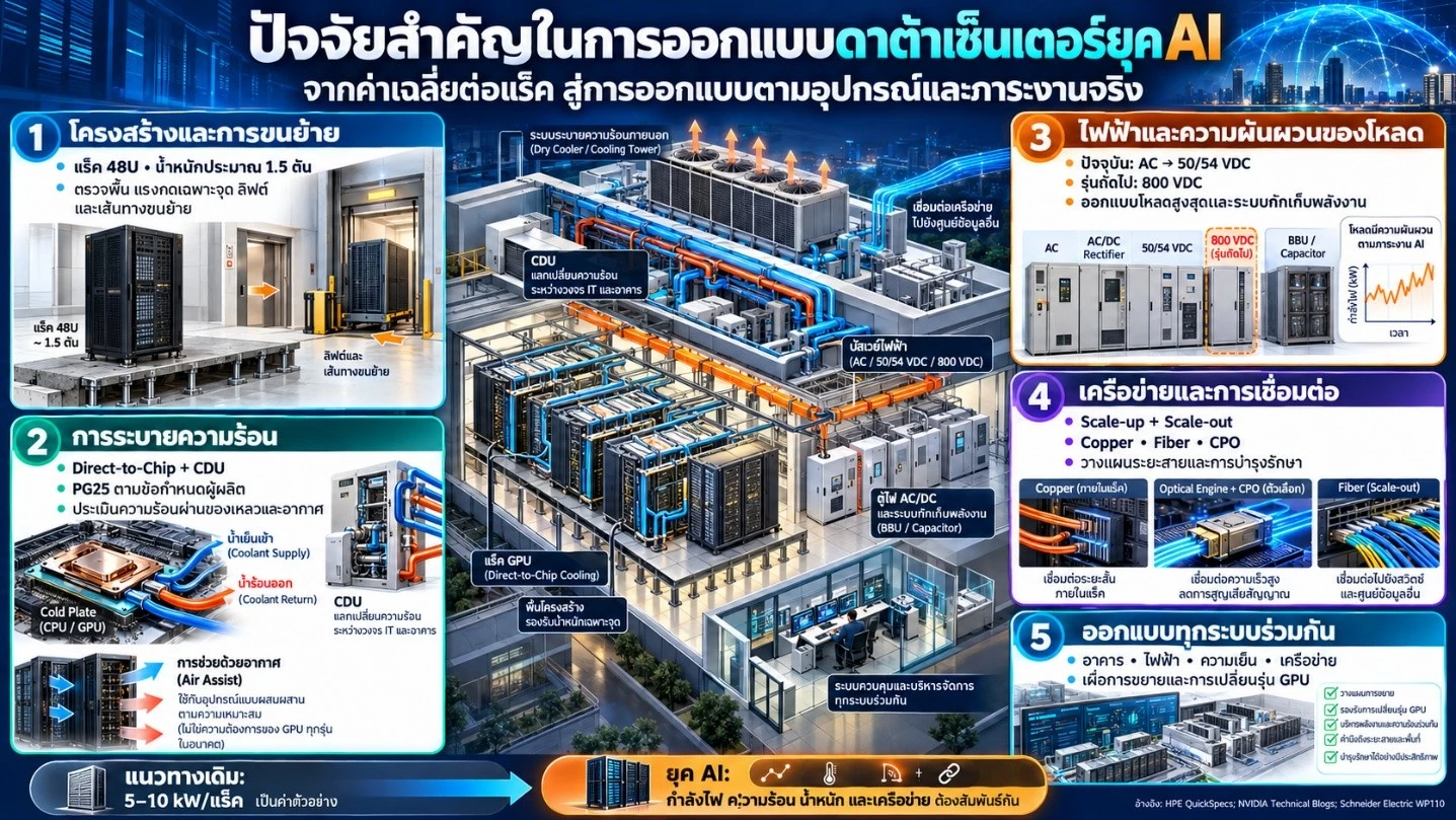 การเปลี่ยนผ่านการออกแบบศูนย์ข้อมูลสู่ยุค AI: จากกำลังไฟเฉลี่ยต่อแร็คสู่การออกแบบโครงสร้างพื้นฐานร่วมกับระบบประมวลผล