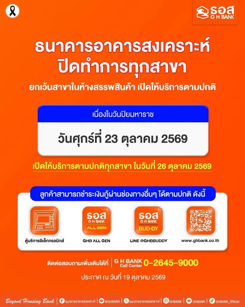 ธนาคารอาคารสงเคราะห์ ปิดทำการทุกสาขา ยกเว้นสาขาในห้างสรรพสินค้า เปิดให้บริการตามปกติ เนื่องในวันปิยมหาราช