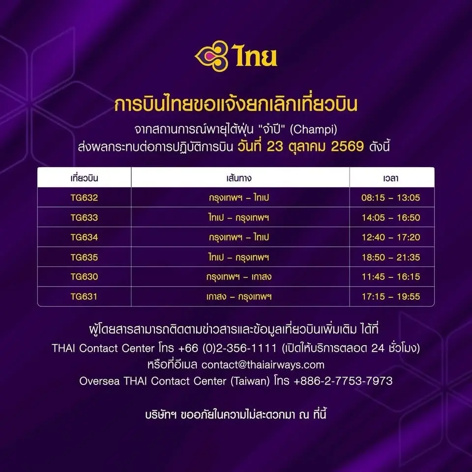 พายุไต้ฝุ่นจำปีพ่นพิษ การบินไทย แจ้งยกเลิกเที่ยวบินไต้หวัน 23 ต.ค.นี้