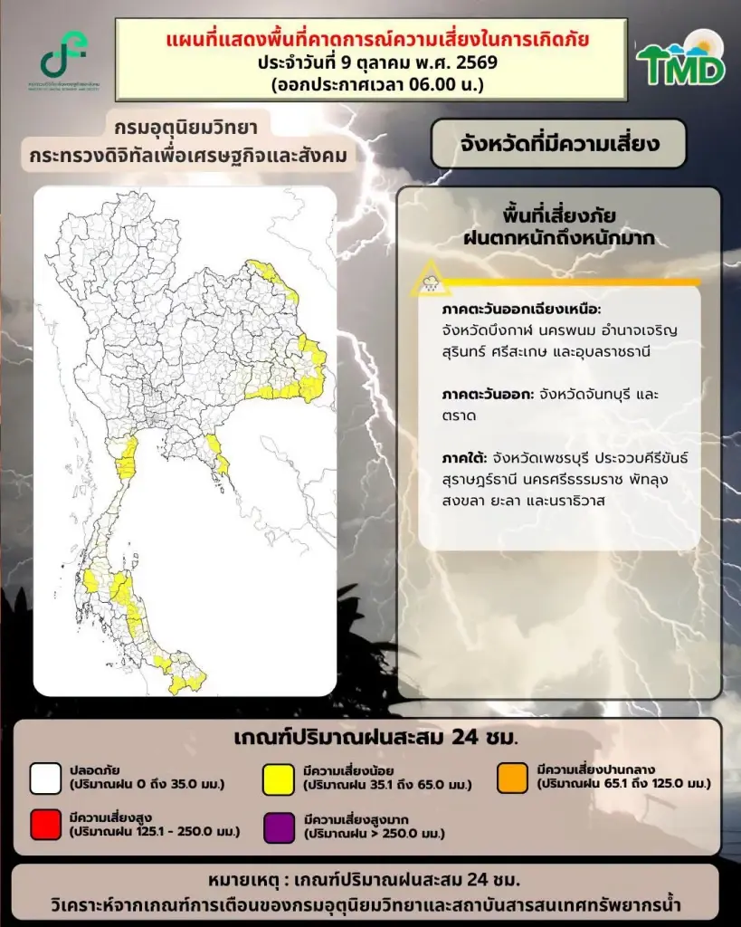 กรมอุตุฯเตือน 16 จว.อีสาน ตะวันออก ใต้ วันนี้ 9 ต.ค.69 ฝนตกหนัก