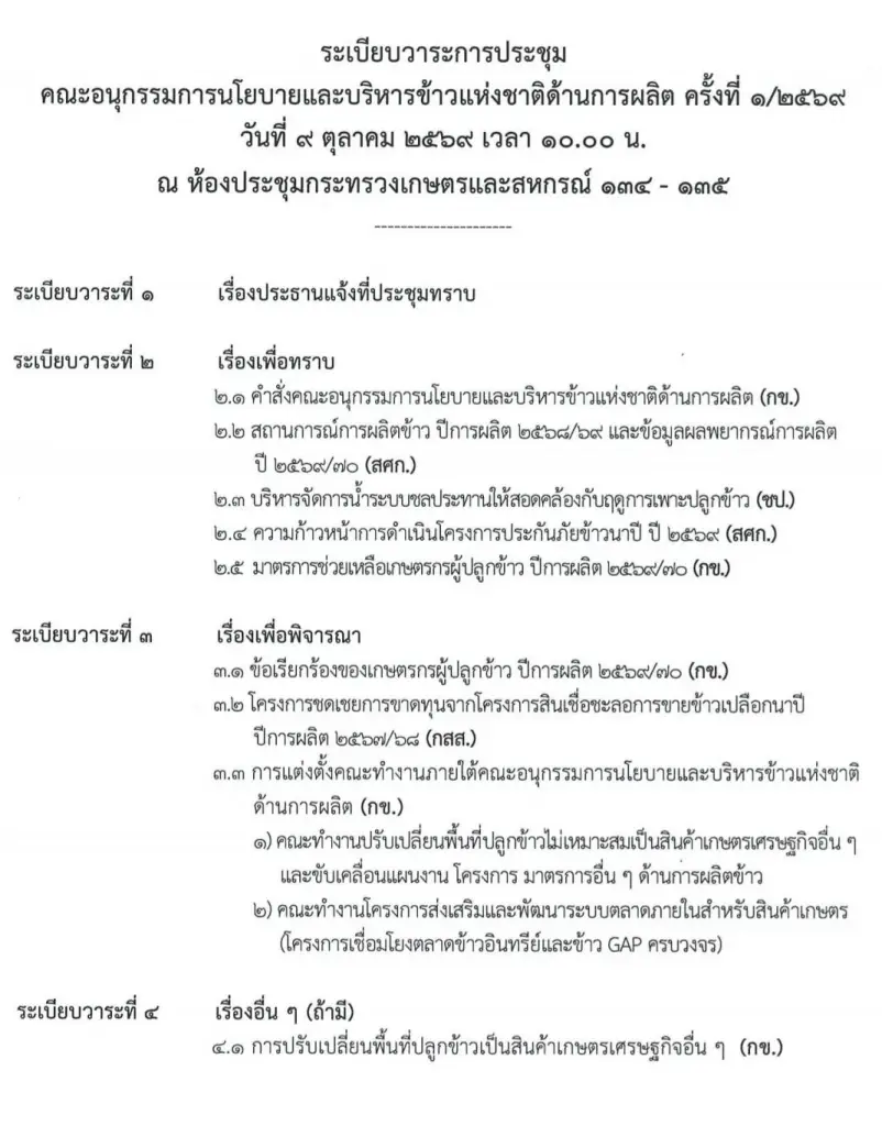 ระเบียบวาระการประชุมคณะอนุกรรมการนโยบายและบริหารข้าวแห่งชาติด้านการผลิต