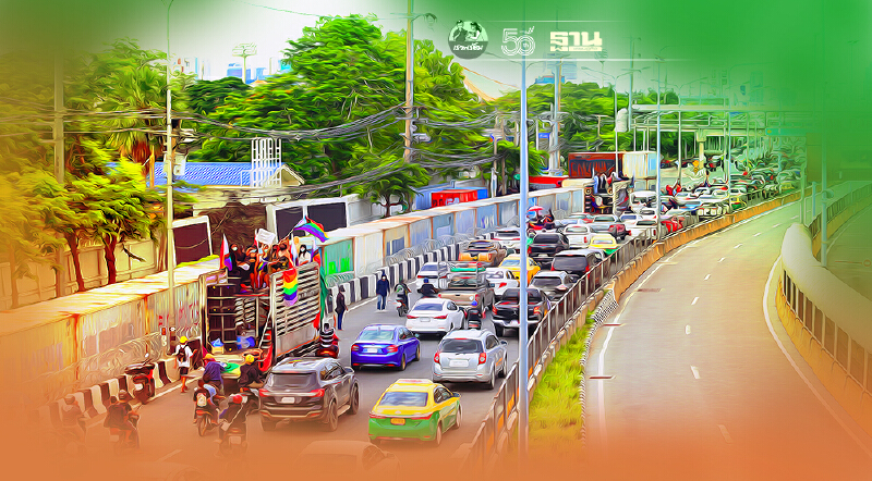 คาร์ม็อบแน่นถนนวิภาวดีรังสิตปราศรัย ขับไล่ พล.อ.ประยุทธ์ หน้า ร.1 รอ.