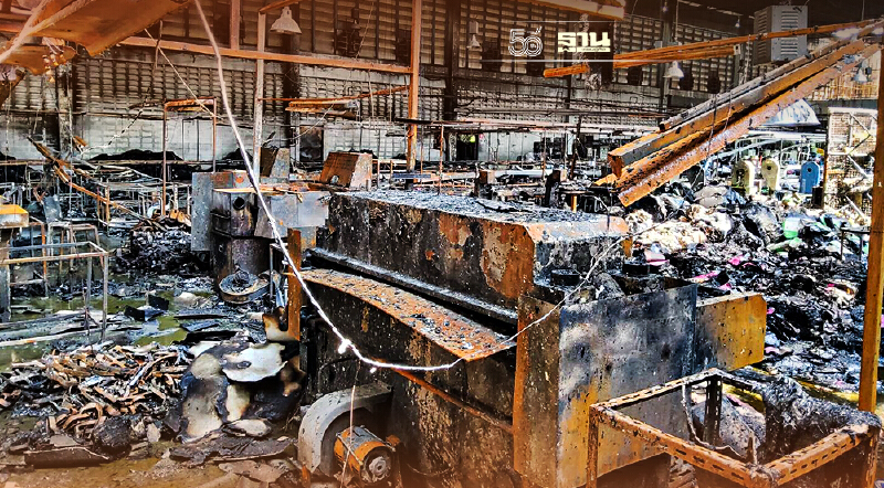 คพ.ตรวจสอบเพลิงไหม้โรงงานรองเท้ากิ่งแก้ว