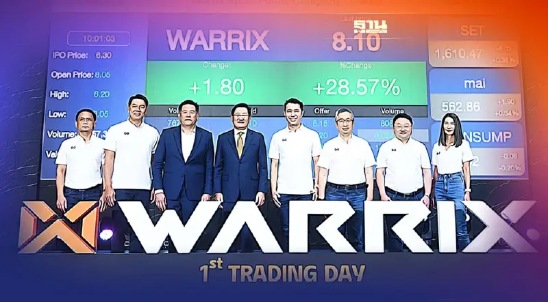 WARRIX เปิดเทรดวันแรก 8.05 บาท เหนือจอง 27.78% WARRIX เปิดเทรดวันแรก 8.05 บาท เหนือจอง 27.78%