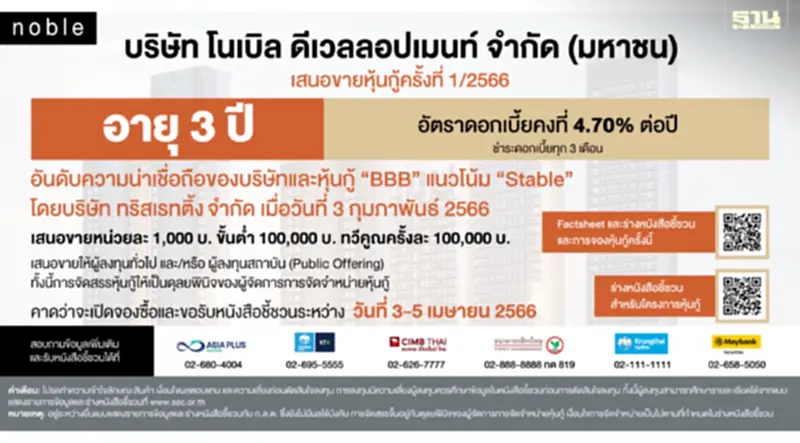 โนเบิล พร้อมขายหุ้นกู้ชุดใหม่ อายุ 3 ปี ชูดอกเบี้ย 4.70% โนเบิล พร้อมขายหุ้นกู้ชุดใหม่ อายุ 3 ปี ชูดอกเบี้ย 4.70%