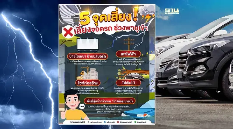 5 จุดเสี่ยง! เลี่ยงจอดรถ ช่วงพายุเข้า ฝนฟ้าคะนอง