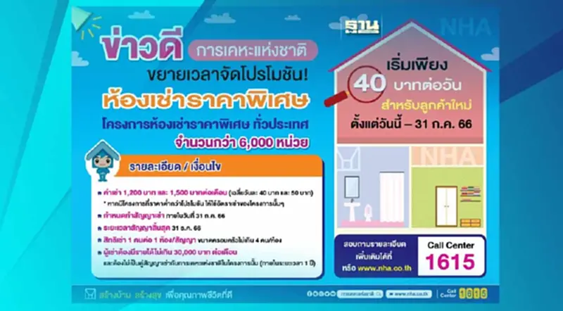 “การเคหะแห่งชาติ” ขยายโปร “ห้องเช่าราคาพิเศษ” 40 บาทต่อวันไปอีก 3 เดือน “การเคหะแห่งชาติ” ขยายโปร “ห้องเช่าราคาพิเศษ” 40 บาทต่อวันไปอีก 3 เดือน