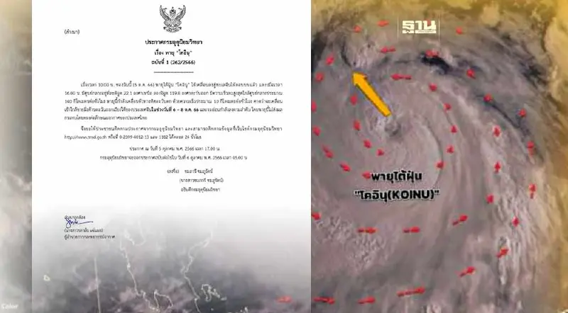 ประกาศกรมอุตุนิยมวิทยา เรื่อง พายุ "โคอินุ" ฉบับที่ 1 กำลังอ่อนแรง
