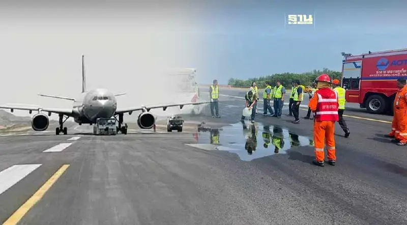 สนามบินภูเก็ตดีเลย์ 15 เที่ยวบิน น้ำมันไฮดรอลิคเครื่องบินรั่วลงรันเวย์