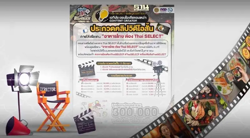 ร่วมประกวดคลิปสั้น “อาหารไทย ต้อง Thai SELECT” ชิงเงินรางวัล 3 แสนบาท ร่วมประกวดคลิปสั้น “อาหารไทย ต้อง Thai SELECT” ชิงเงินรางวัล 3 แสนบาท