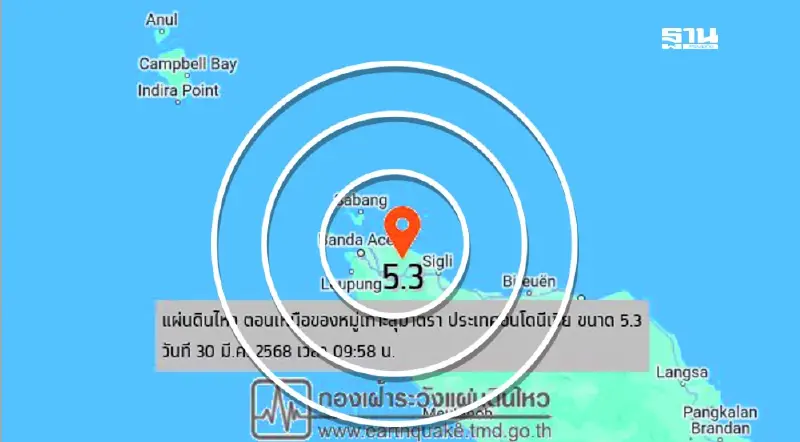 แผ่นดินไหว ตอนเหนือของหมู่เกาะสุมาตรา อินโดฯ ขนาด 5.3 ลึก 56 กม.