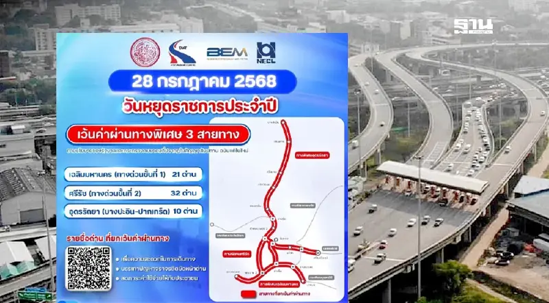 ขึ้นทางด่วนฟรี 28 ก.ค. 68 วันเฉลิมพระชนมพรรษาในหลวง กี่เส้นทาง กี่ด่าน