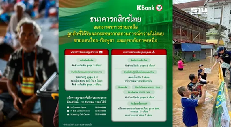 เปิดมาตรการกสิกรไทย 'พักเงินต้น-ลดยอดผ่อน50%' ช่วยชายแดน-น้ำท่วม เปิดมาตรการกสิกรไทย 'พักเงินต้น-ลดยอดผ่อน50%' ช่วยชายแดน-น้ำท่วม
