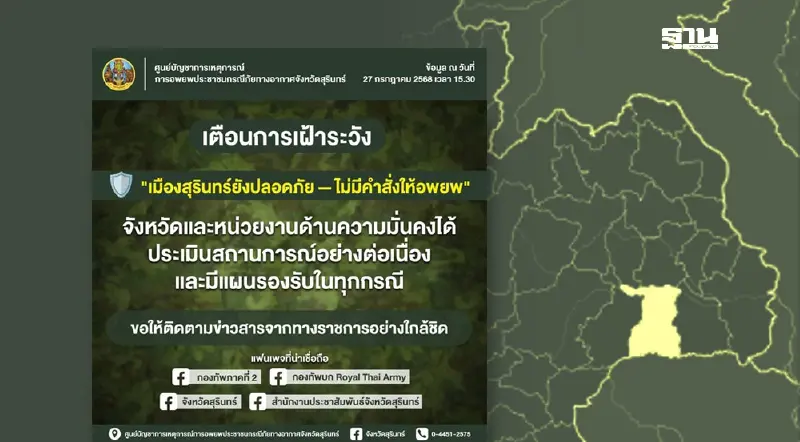 ผู้ว่าฯสุรินทร์ เตือนปชช. เลี่ยงเข้าพื้นที่เสี่ยง พร้อมเฝ้าระวัง 24 ชม. ผู้ว่าฯสุรินทร์ เตือนปชช. เลี่ยงเข้าพื้นที่เสี่ยง พร้อมเฝ้าระวัง 24 ชม.