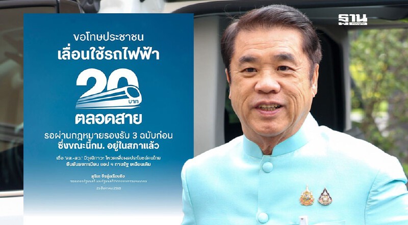 .'สุริยะ' ขอโทษประชาชน 'รถไฟฟ้า 20 บาทตลอดสาย' ล่าช้า ไม่ทัน 1 ต.ค. 68.