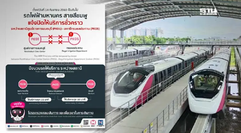 รถไฟฟ้าสายสีชมพูขัดข้อง! ปิดบริการชั่วคราว 5 สถานี รถไฟฟ้าสายสีชมพูขัดข้อง! ปิดบริการชั่วคราว 5 สถานี